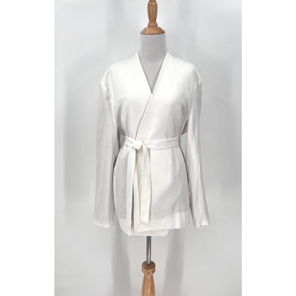 ENZA COSTA Twill Belted Jacket Womens Small Off White Linen Blazer Wrap NEW - Picture 2 of 16